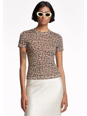 Nanushka Mesh Top Brown Graphic Animal Latte Short Sleeve Shirt Women’s Medium
